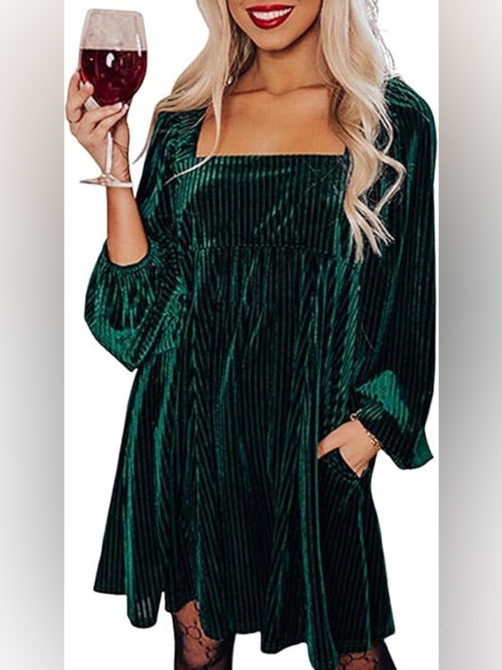 Elegant Green Velvet Square-Neck Dress
